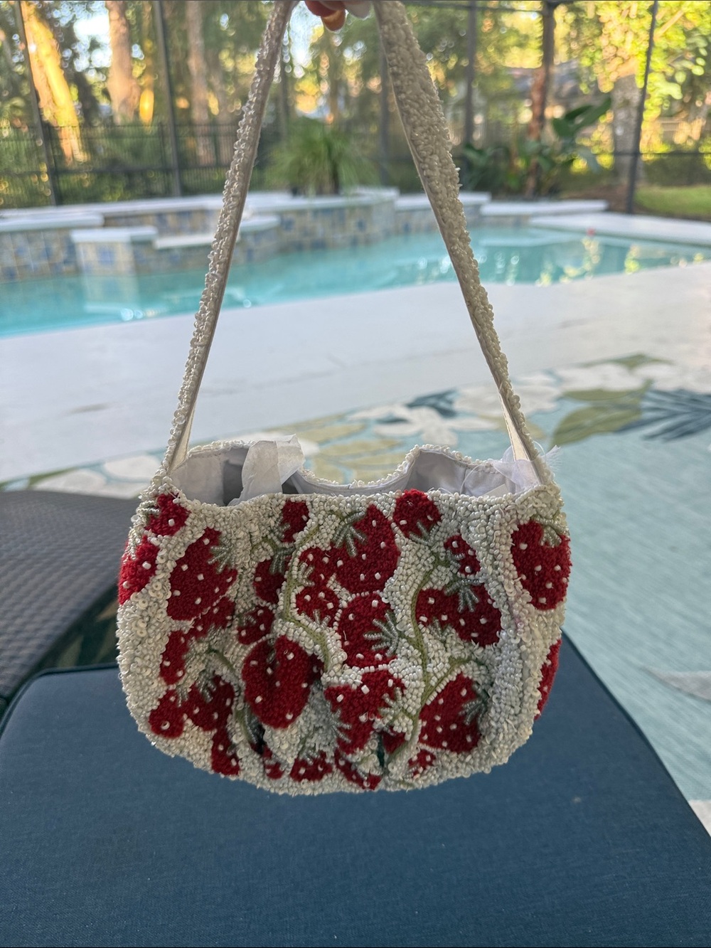 Cream Beaded Mini Shoulder Bag with Red Strawberry Motif